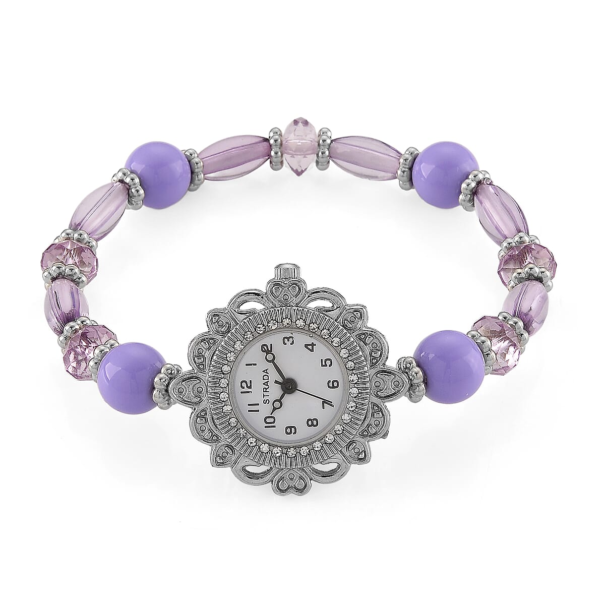 Strada Purple Glass SL68 Quartz Movement Watch and 2pcs Silvertone Bracelet (7-7.5In) image number 3