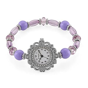 Strada Purple Glass SL68 Quartz Movement Watch and 2pcs Silvertone Bracelet (7-7.5In)