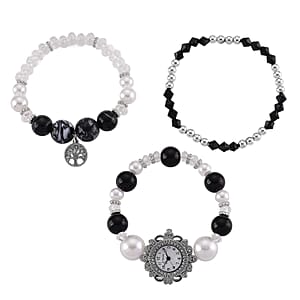 Strada Black Glass SL68 Quartz Movement Watch and 2pcs Silvertone Bracelet (7-7.5In)