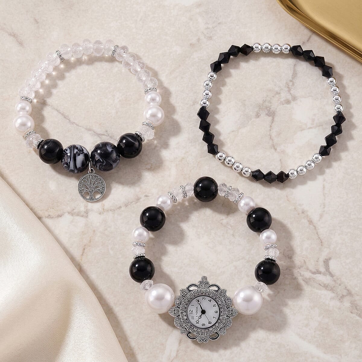 Strada Black Glass SL68 Quartz Movement Watch and 2pcs Silvertone Bracelet (7-7.5In) image number 1