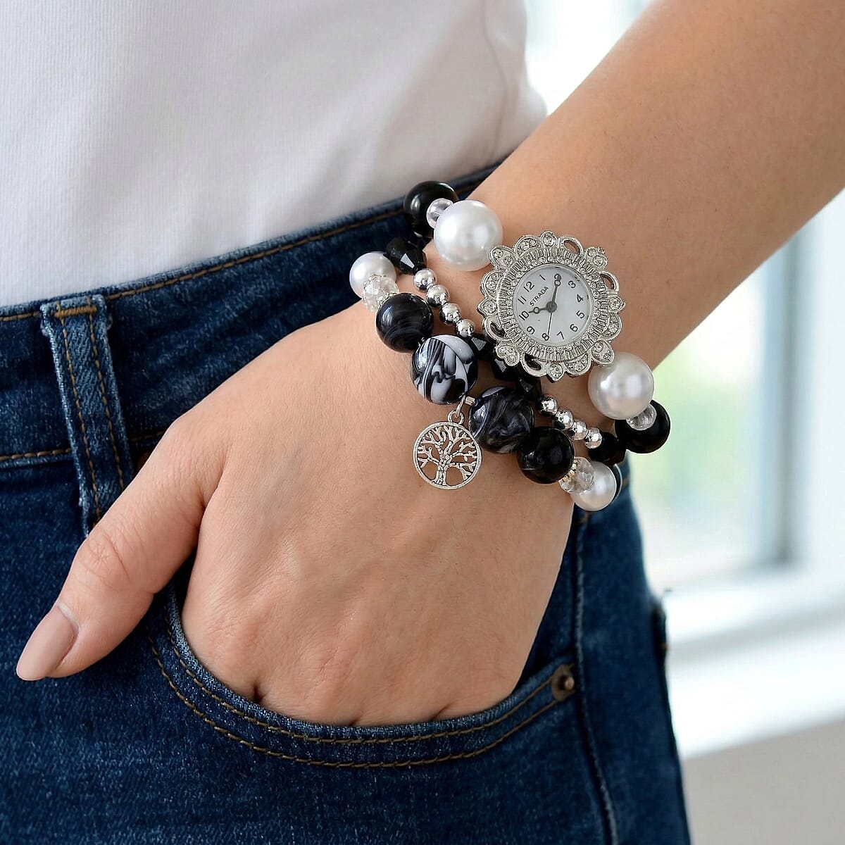 Strada Black Glass SL68 Quartz Movement Watch and 2pcs Silvertone Bracelet (7-7.5In) image number 2