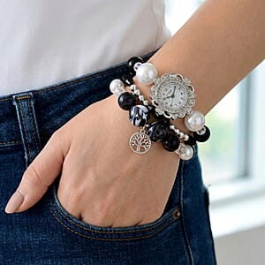 Strada Black Glass SL68 Quartz Movement Watch and 2pcs Silvertone Bracelet (7-7.5In)