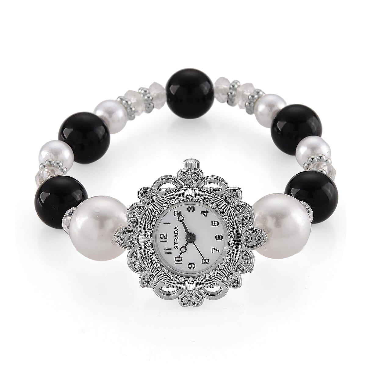 Strada Black Glass SL68 Quartz Movement Watch and 2pcs Silvertone Bracelet (7-7.5In) image number 3