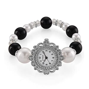 Strada Black Glass SL68 Quartz Movement Watch and 2pcs Silvertone Bracelet (7-7.5In)