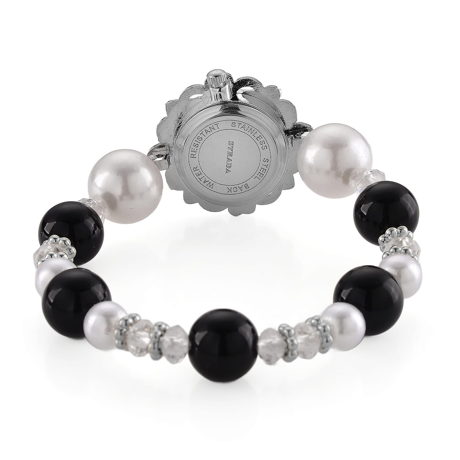 Strada Black Glass SL68 Quartz Movement Watch and 2pcs Silvertone Bracelet (7-7.5In)