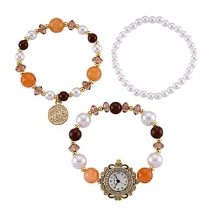 Strada Orange Glass SL68 Quartz Movement Watch and 2pcs Goldtone Bracelet (7-7.5In)