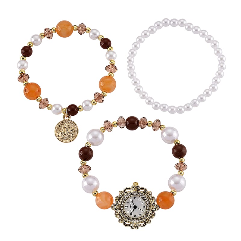 Strada Orange Glass SL68 Quartz Movement Watch and 2pcs Goldtone Bracelet (7-7.5In)