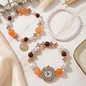 Strada Orange Glass SL68 Quartz Movement Watch and 2pcs Goldtone Bracelet (7-7.5In)