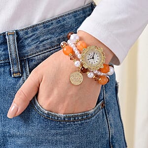 Strada Orange Glass SL68 Quartz Movement Watch and 2pcs Goldtone Bracelet (7-7.5In)