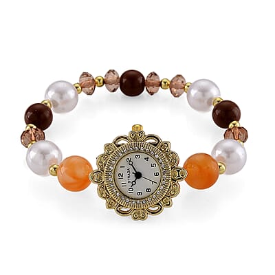Strada Orange Glass SL68 Quartz Movement Watch and 2pcs Goldtone Bracelet (7-7.5In)
