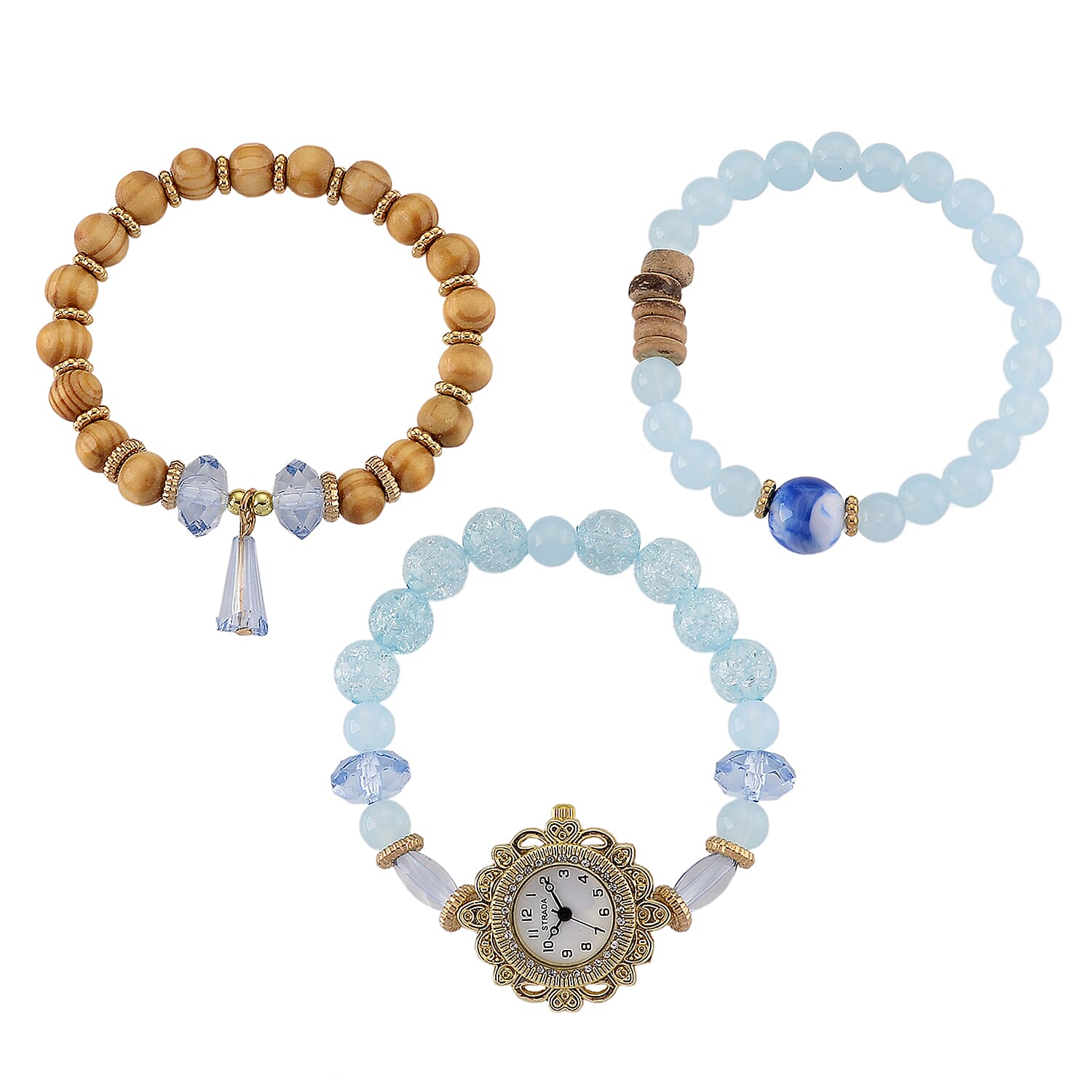 Strada Blue Glass SL68 Quartz Movement Watch and 2pcs Goldtone Bracelet (7-7.5In)