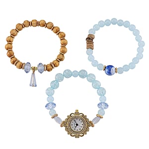 Strada Blue Glass SL68 Quartz Movement Watch and 2pcs Goldtone Bracelet (7-7.5In)