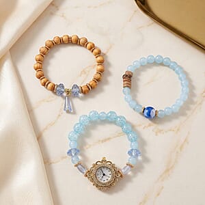 Strada Blue Glass SL68 Quartz Movement Watch and 2pcs Goldtone Bracelet (7-7.5In)