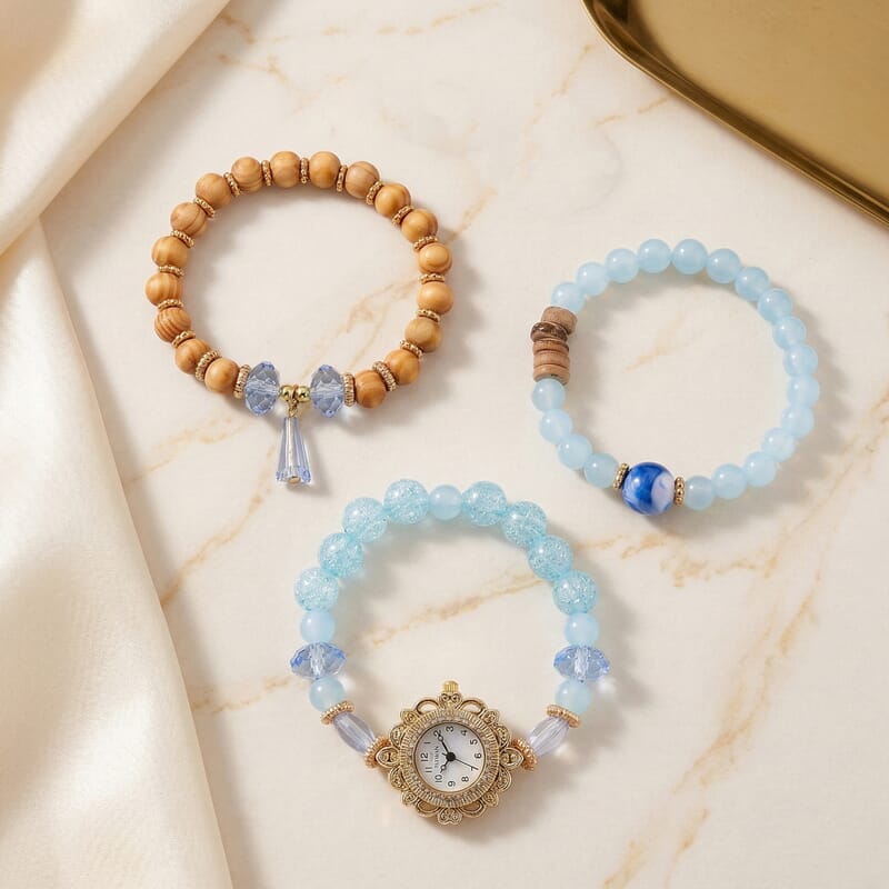 Strada Blue Glass SL68 Quartz Movement Watch and 2pcs Goldtone Bracelet (7-7.5In)