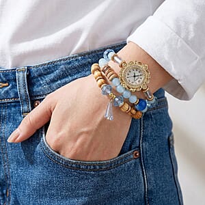 Strada Blue Glass SL68 Quartz Movement Watch and 2pcs Goldtone Bracelet (7-7.5In)
