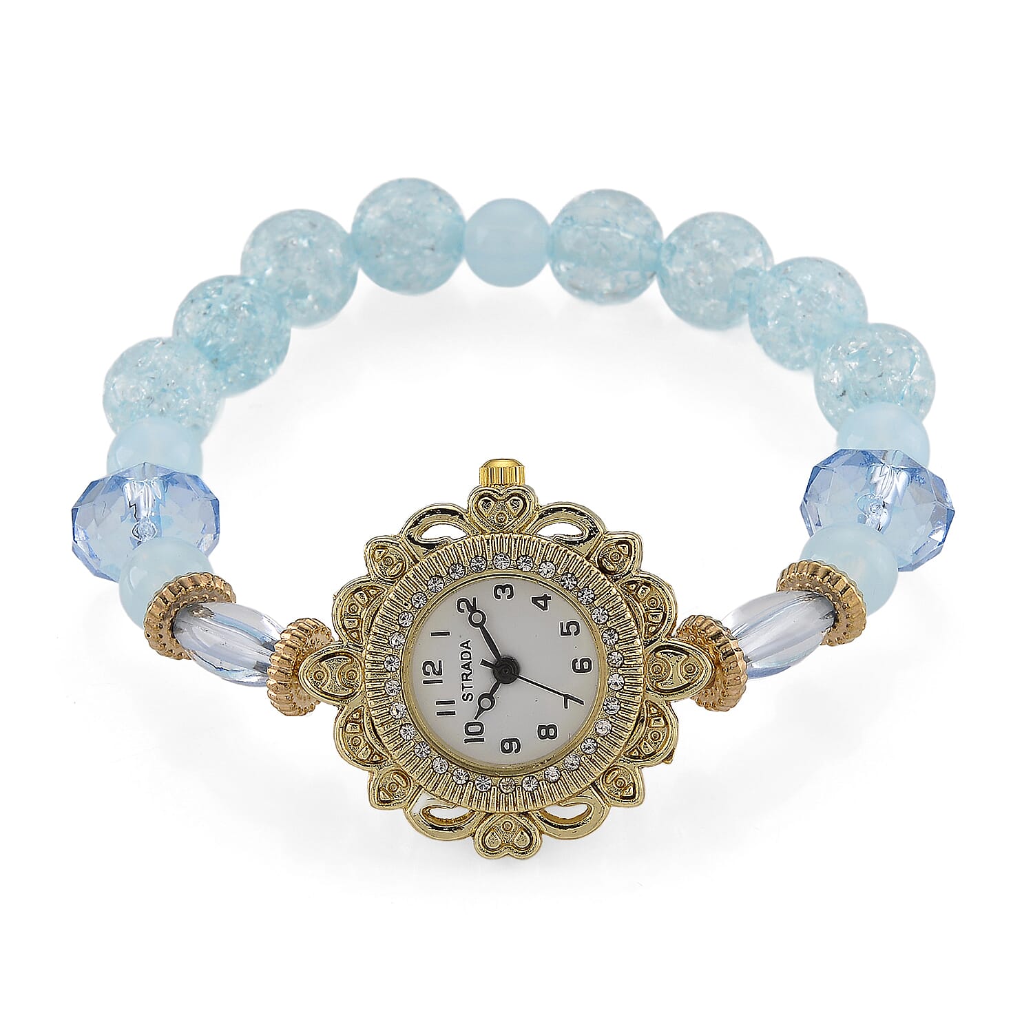 Strada Blue Glass SL68 Quartz Movement Watch and 2pcs Goldtone Bracelet (7-7.5In)