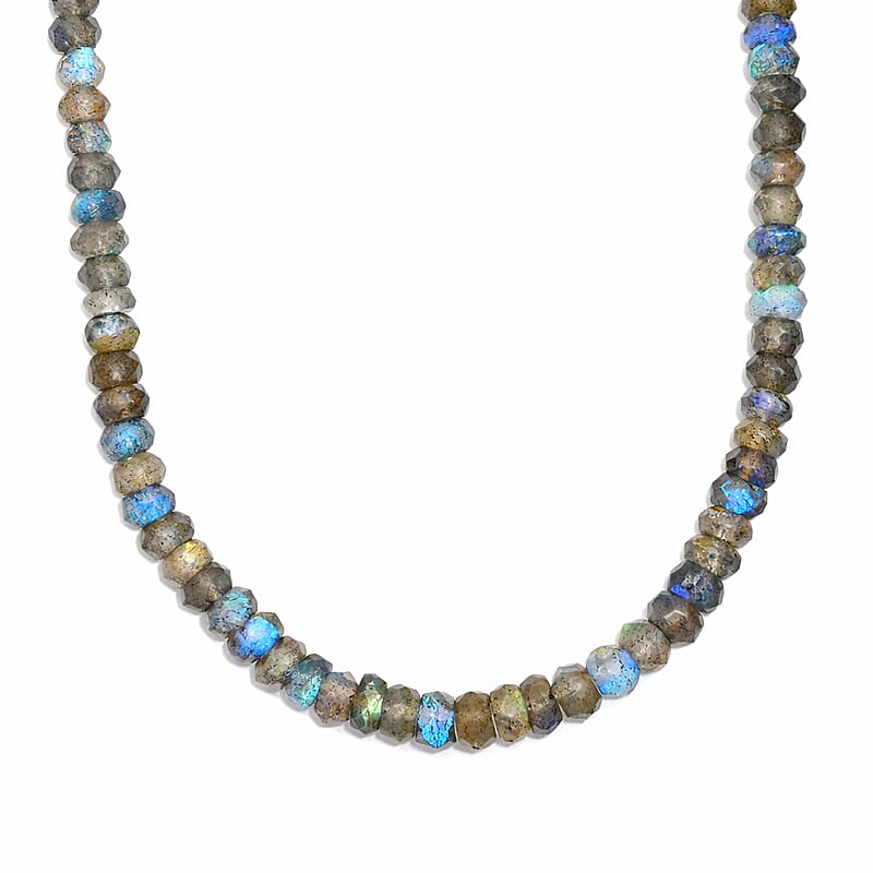 D'Joy Malagasy Labradorite 75.00 ctw Aurora Blossom Beaded Necklace in Rhodium Over Sterling Silver (18-20 Inches)