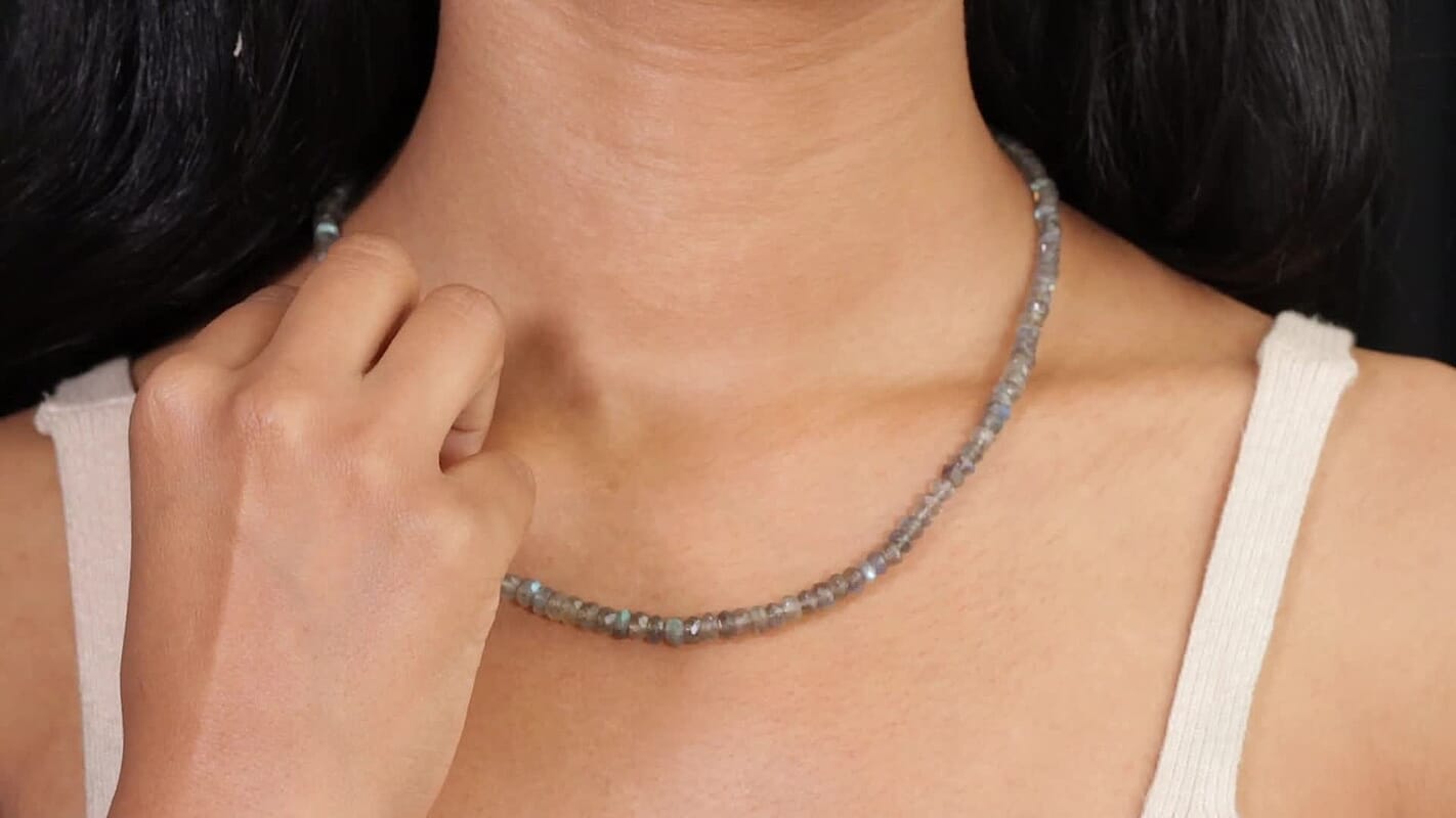 D'Joy Malagasy Labradorite 75.00 ctw Aurora Blossom Beaded Necklace in Rhodium Over Sterling Silver (18-20 Inches)
