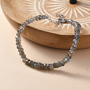 D'Joy Malagasy Labradorite 35.00 ctw Aurora Blossom Beaded Bracelet in Rhodium Over Sterling Silver (7.25-9.25In)