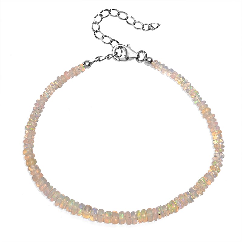 D'Joy Ethiopian Welo Opal 14.00 ctw Beaded Bracelet in Rhodium Over Sterling Silver (7.25-9.25In)