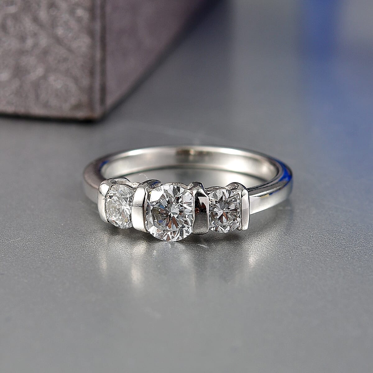 Luxuriant Lab Grown Diamond G-H SI 1.00 ctw 3 Stone Ring in Rhodium Over Sterling Silver (Size 5.0) (Del. In 10-12 Days) image number 1