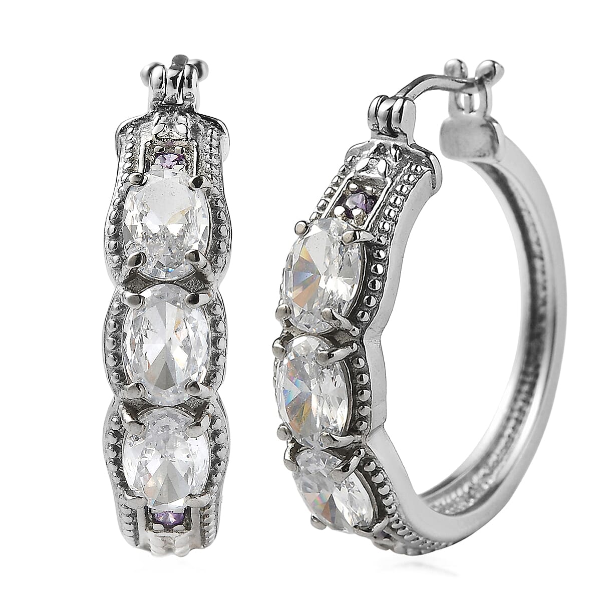 EverTrue Simulated White and Amethyst Color Diamond Hoop Earrings in Stainless Steel