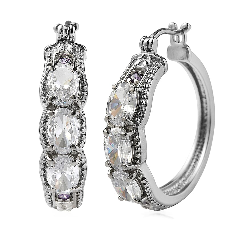 EverTrue Simulated White and Amethyst Color Diamond Hoop Earrings in Stainless Steel