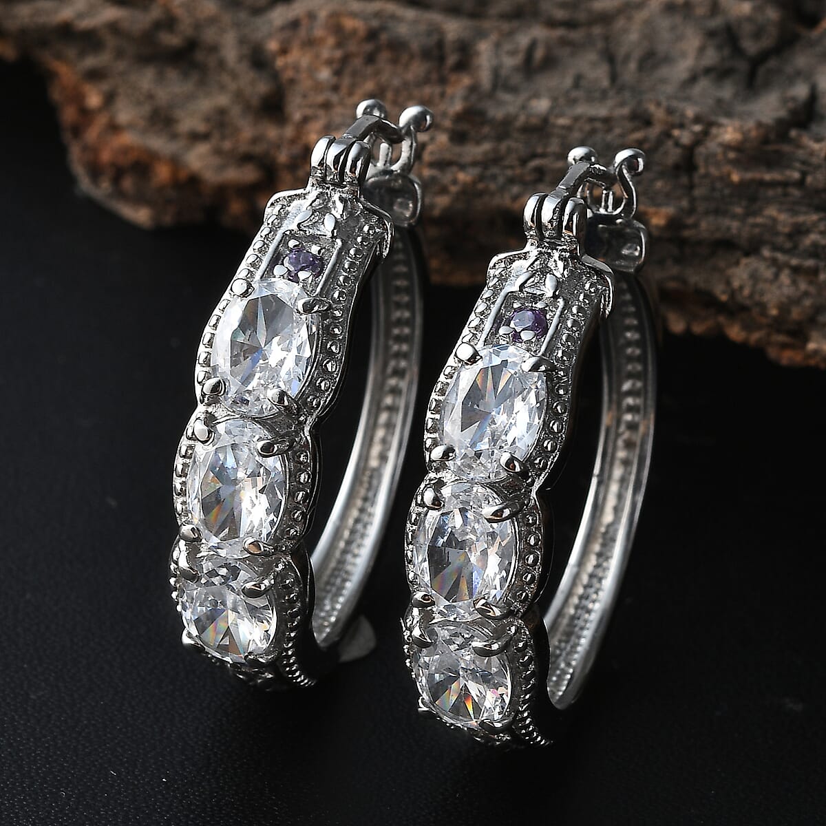 EverTrue Simulated White and Amethyst Color Diamond Hoop Earrings in Stainless Steel 7.25 ctw image number 1