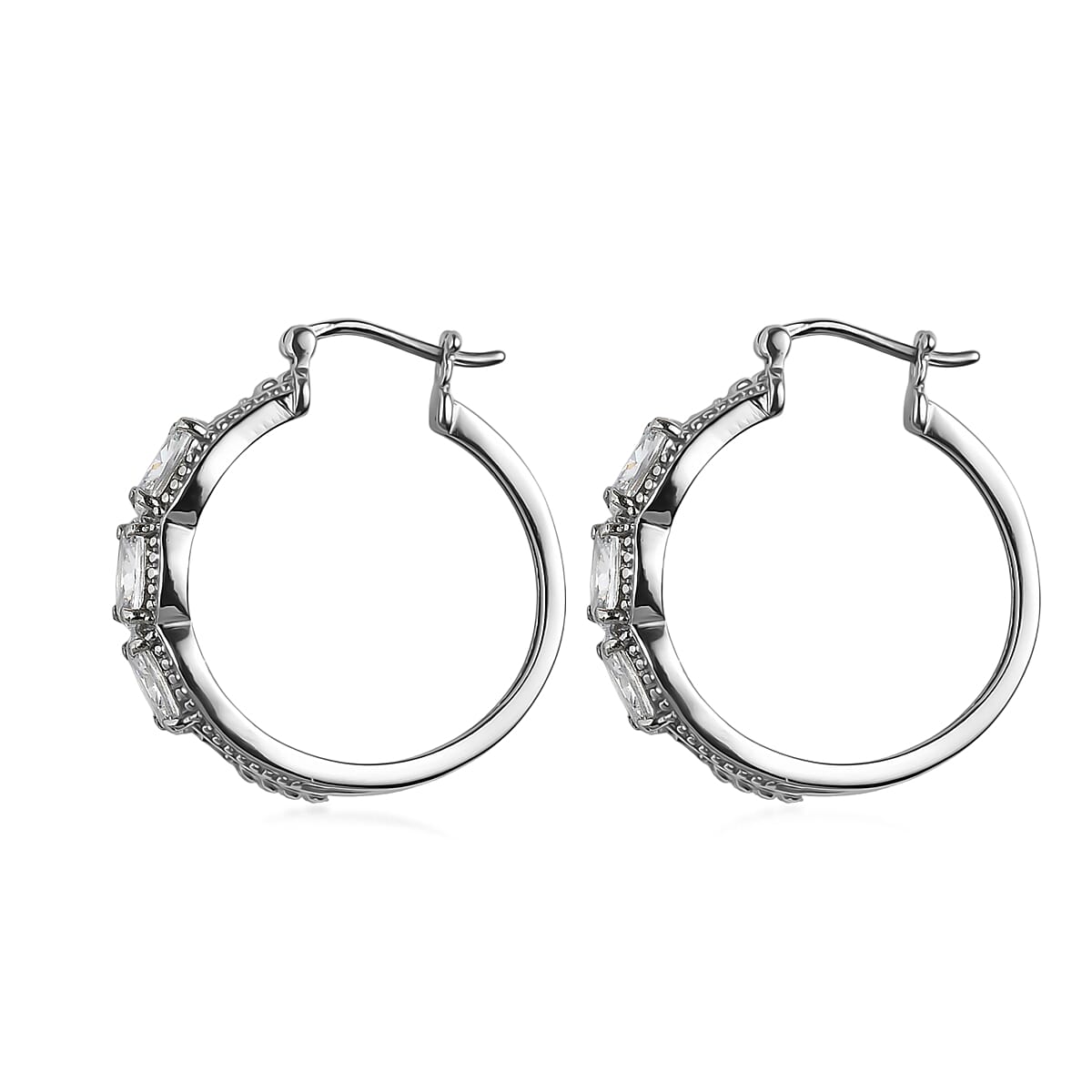EverTrue Simulated White and Amethyst Color Diamond Hoop Earrings in Stainless Steel 7.25 ctw image number 3