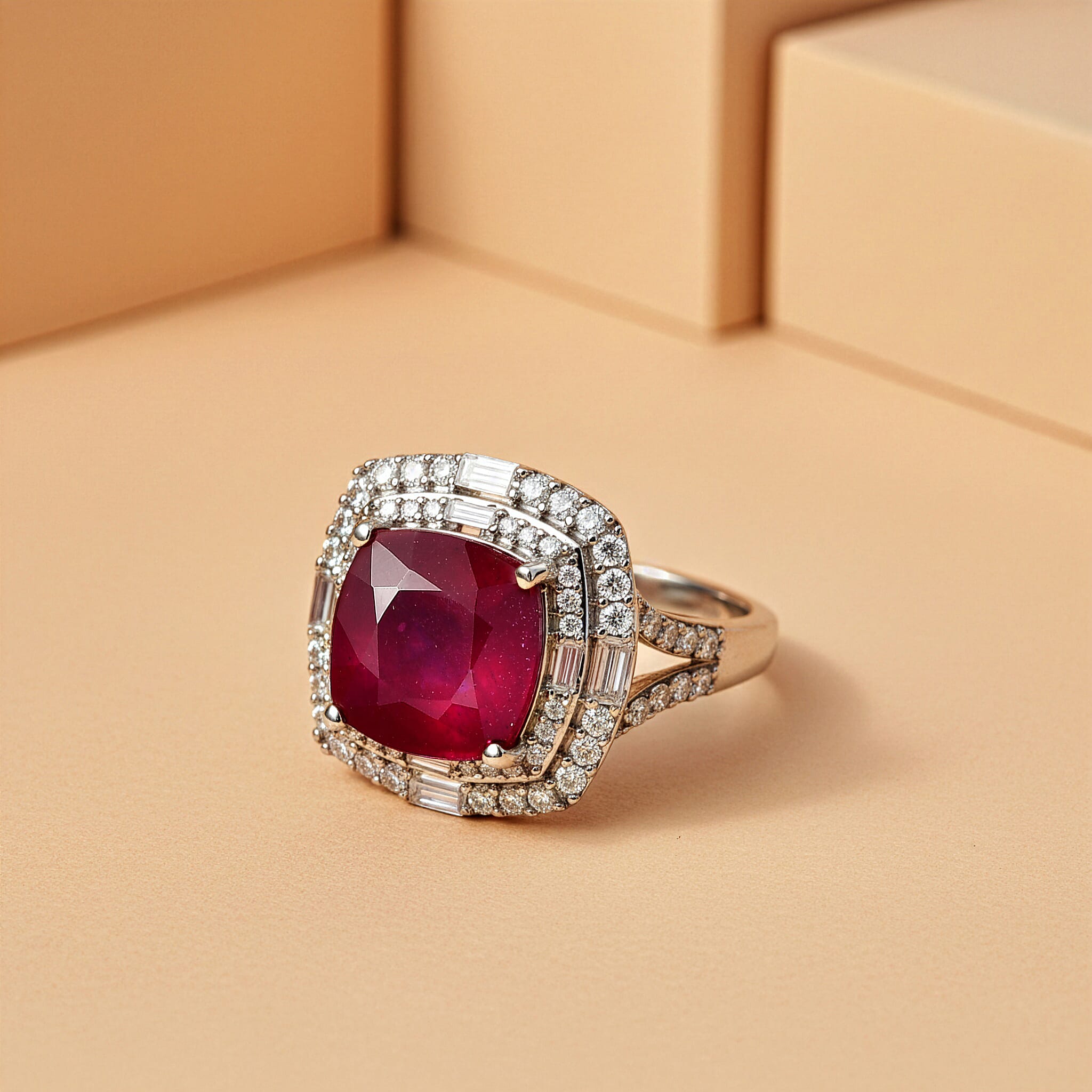 D'Joy Niassa Ruby (FF) and Moissanite 7.40 ctw Ring in Rhodium Over Sterling Silver (Size 10.0)