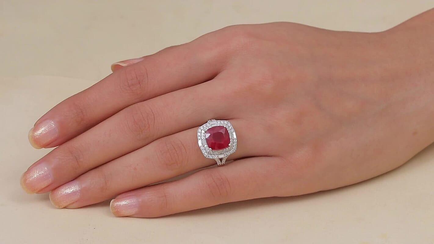 D'Joy Niassa Ruby (FF), Moissanite Ring in Rhodium Over Sterling Silver (Size 10.0) 7.40 ctw