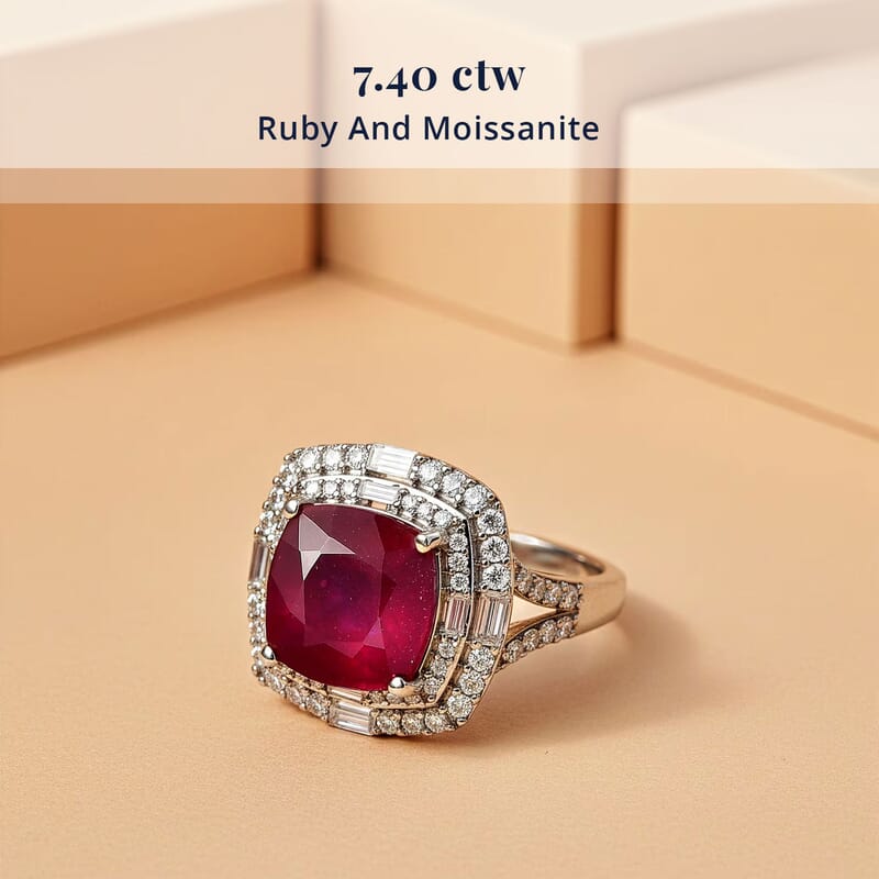 D'Joy Niassa Ruby (FF) and Moissanite 7.40 ctw Ring in Rhodium Over Sterling Silver (Size 6.0)