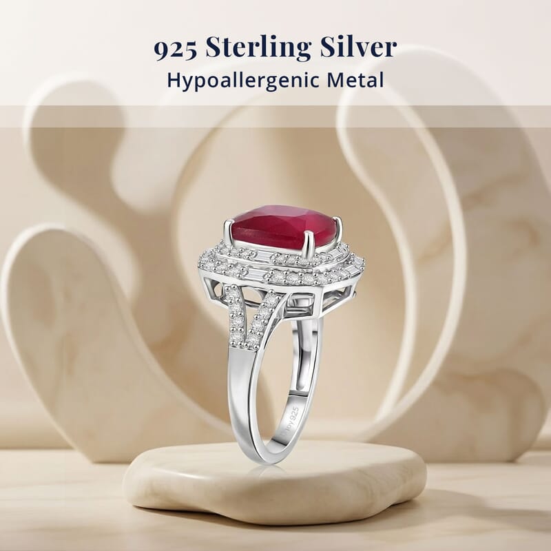 D'Joy Niassa Ruby (FF) and Moissanite 7.40 ctw Ring in Rhodium Over Sterling Silver (Size 6.0)
