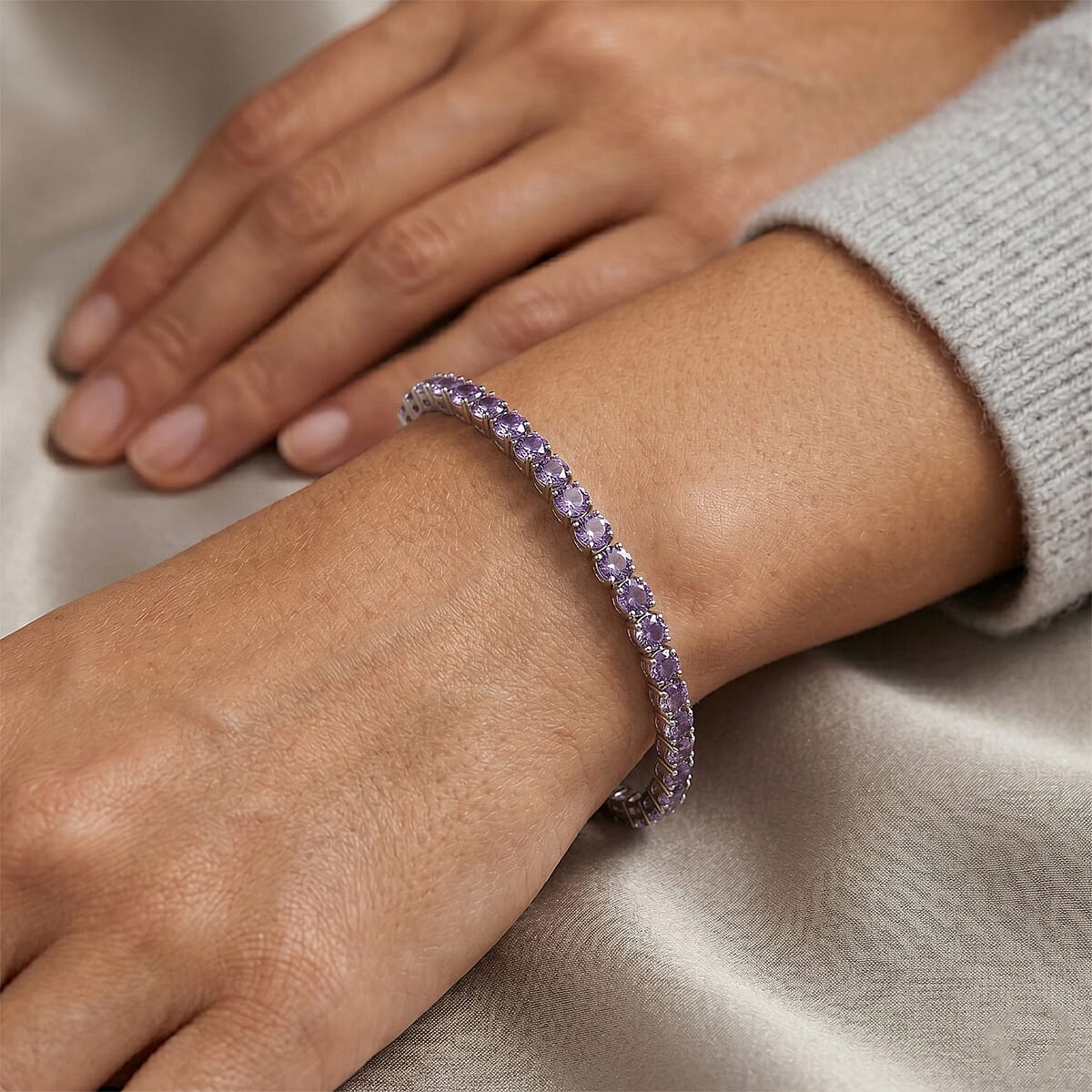 Simulated Amethyst Color Diamond Bracelet in Silvertone (7.50 In) image number 2