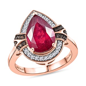 D'Joy Niassa Ruby (FF), White and Champagne Zircon 4.50 ctw Teardrop Ring in Rhodium and 18K Vermeil Rose Gold Over Sterling Silver (Size 6.0)