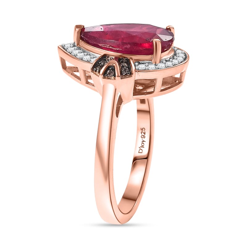 D'Joy Niassa Ruby (FF), White and Champagne Zircon 4.50 ctw Teardrop Ring in Rhodium and 18K Vermeil Rose Gold Over Sterling Silver (Size 6.0)