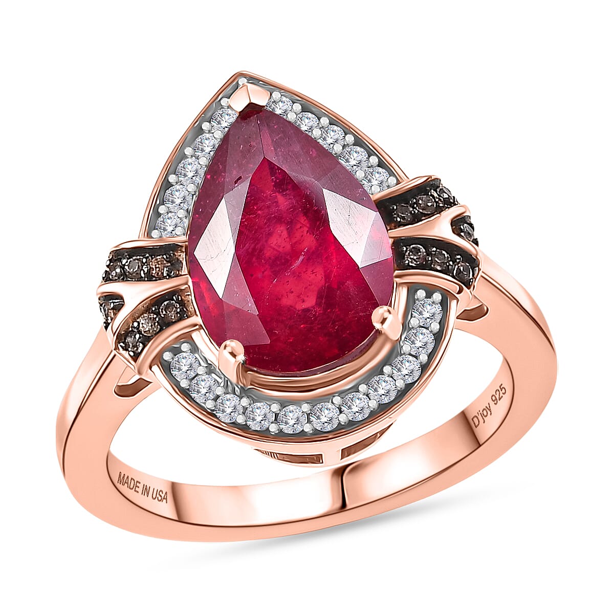 D'Joy Niassa Ruby (FF), White and Champagne Zircon Ring in Rhodium and 18K Vermeil RG Over Sterling Silver (Size 10.0) 4.50 ctw