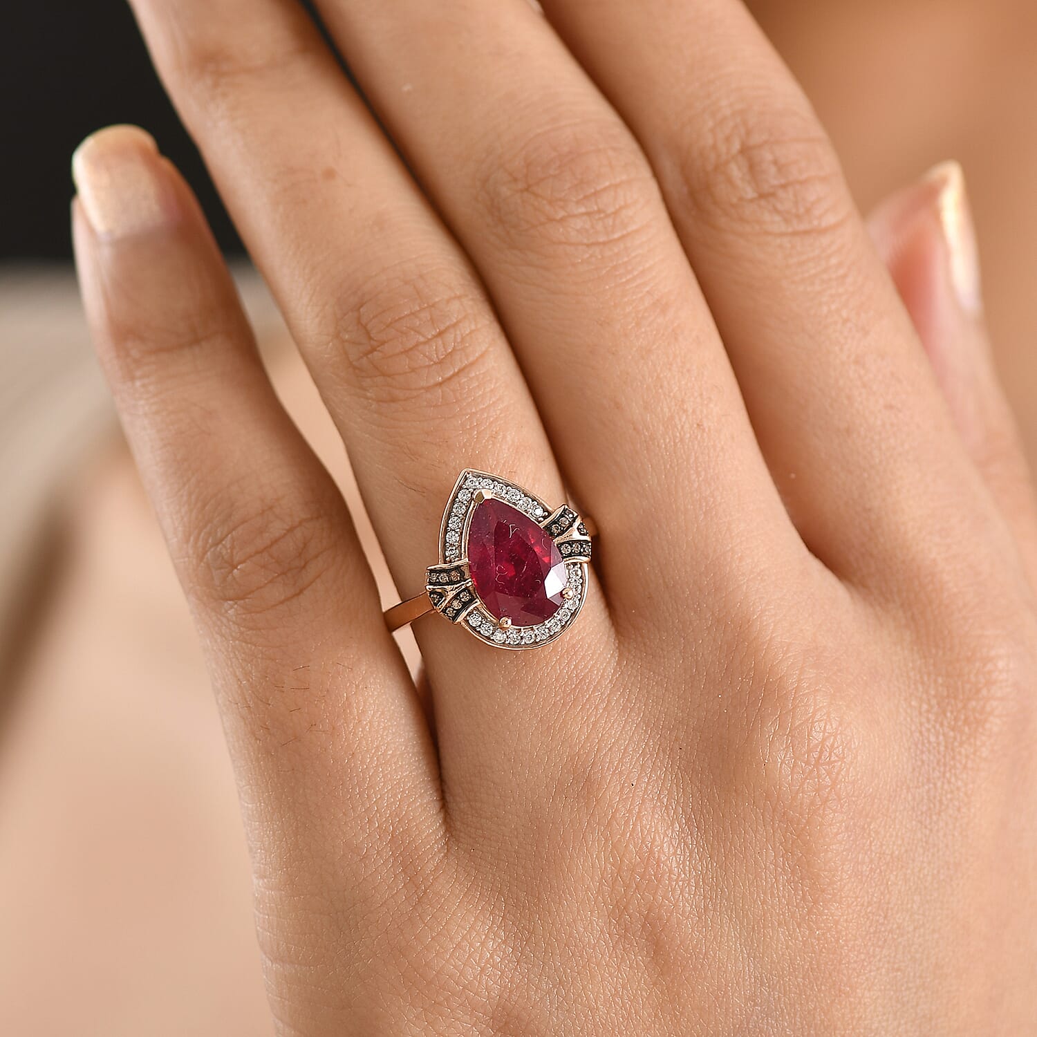 D'Joy Niassa Ruby (FF), White and Champagne Zircon 4.50 ctw Teardrop Ring in Rhodium and 18K Vermeil Rose Gold Over Sterling Silver (Size 7.0)