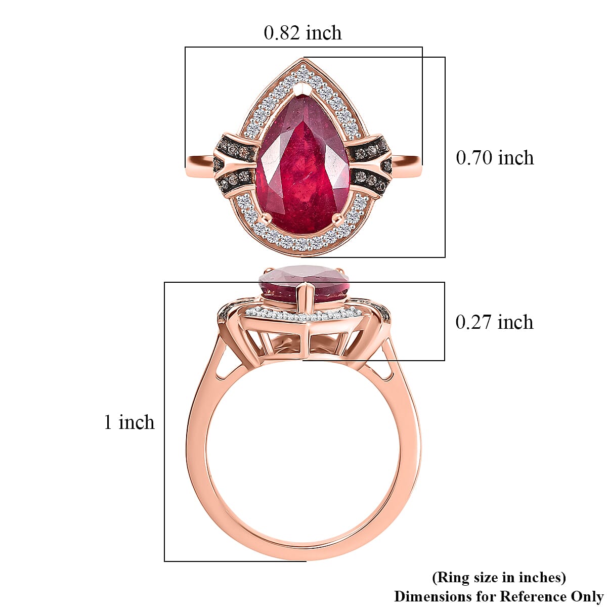 D'Joy Niassa Ruby (FF), White and Champagne Zircon 4.50 ctw Teardrop Ring in Rhodium and 18K Vermeil Rose Gold Over Sterling Silver (Size 7.0)