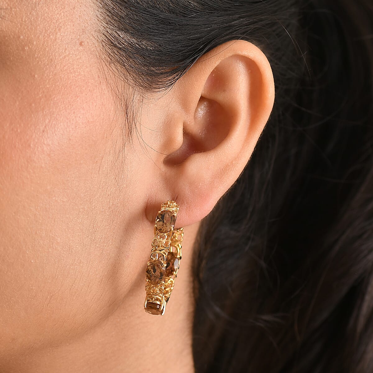 EverTrue Autumn Alexite and Brazilian Citrine 11.60 ctw Blossom Hoop Earrings in 18K YG Plated image number 2