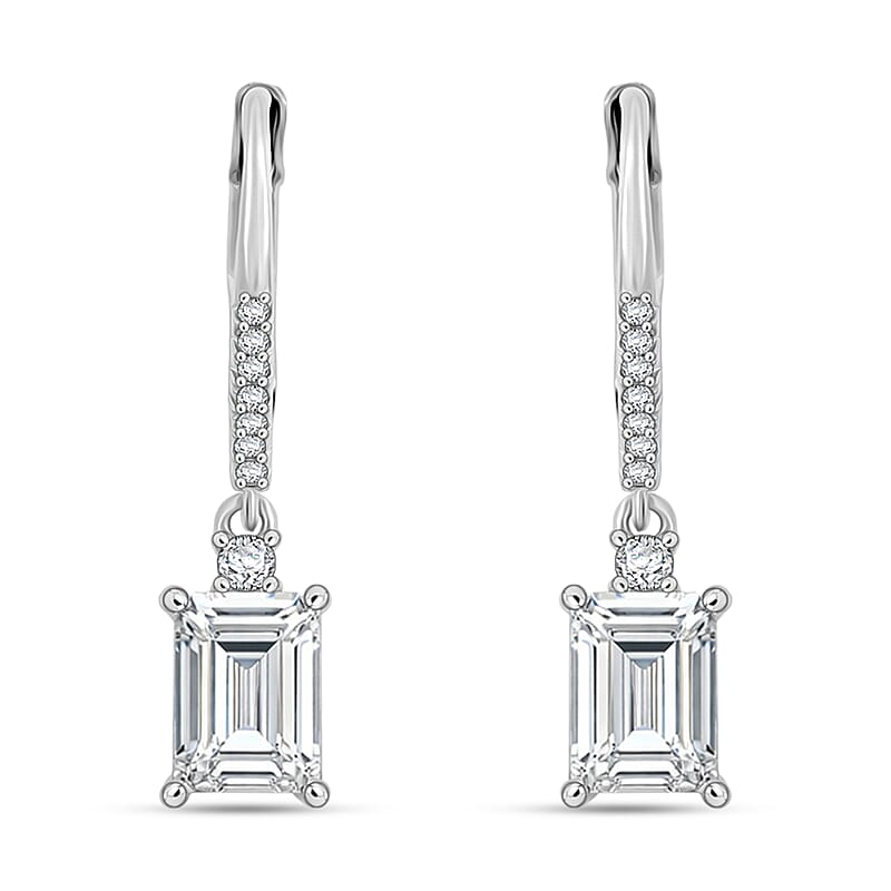 Simulated Diamond Lever Back Earrings in Silvertone