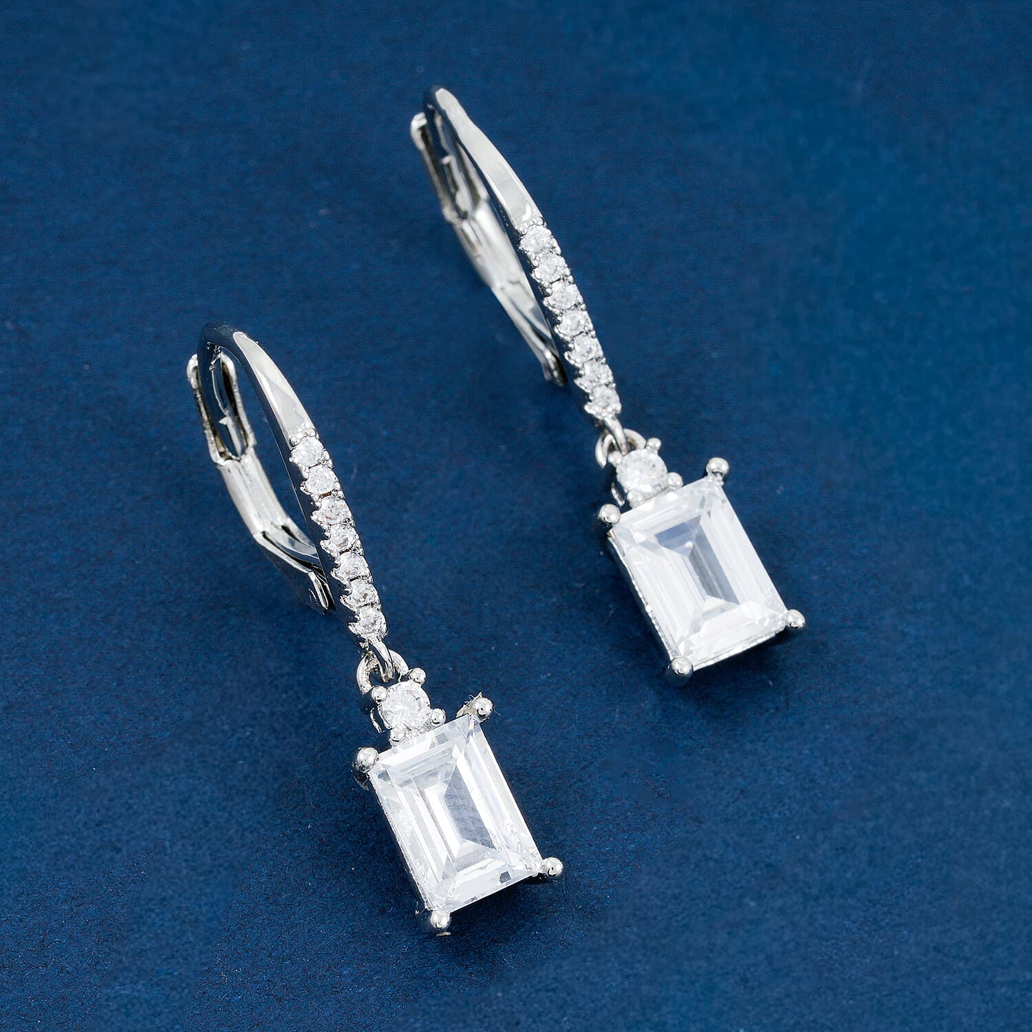 Simulated Diamond Lever Back Earrings in Silvertone