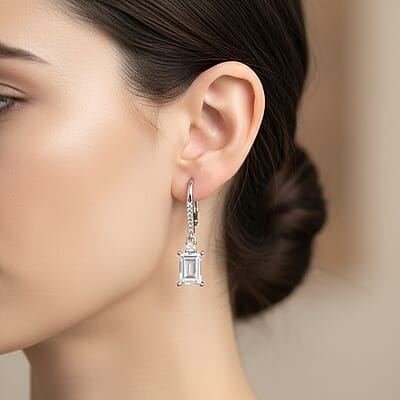 Simulated Diamond Lever Back Earrings in Silvertone