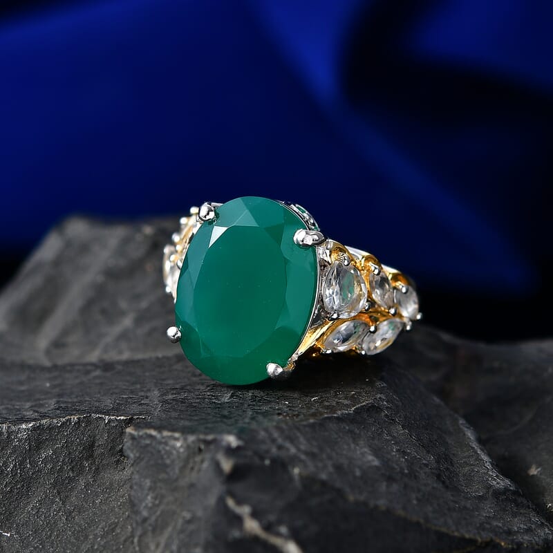 EverTrue Verde Onyx and White Topaz 9.90 ctw Ring in 18K YG Plated and Platinum Bond (Size 6.0)