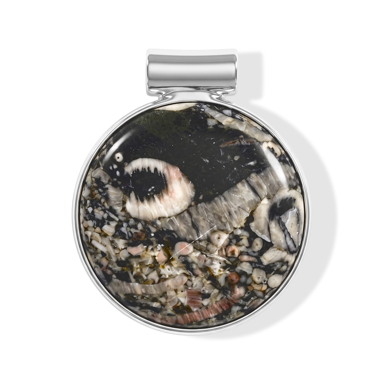 Round Insect Fossil Jasper 48.00 ctw Tube Pendant without Chain in Silvertone