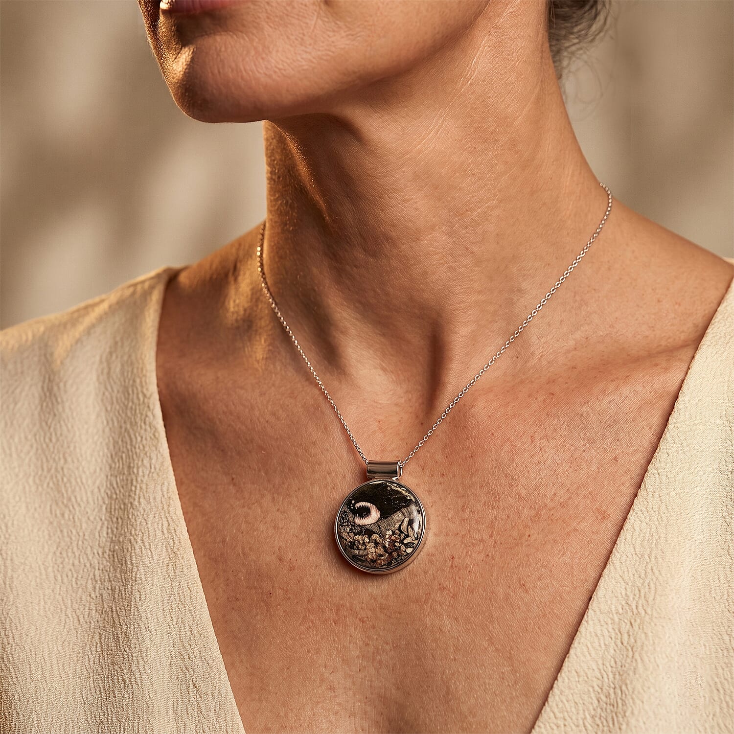 Round Insect Fossil Jasper 48.00 ctw Tube Pendant without Chain in Silvertone