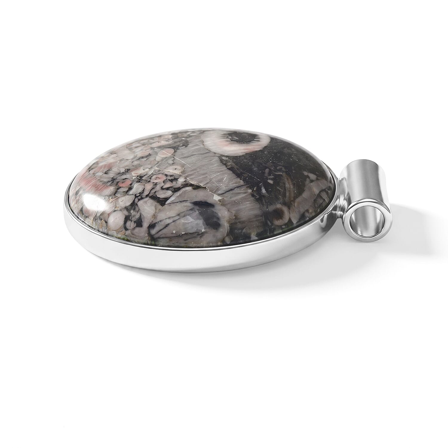 Round Insect Fossil Jasper 48.00 ctw Tube Pendant without Chain in Silvertone