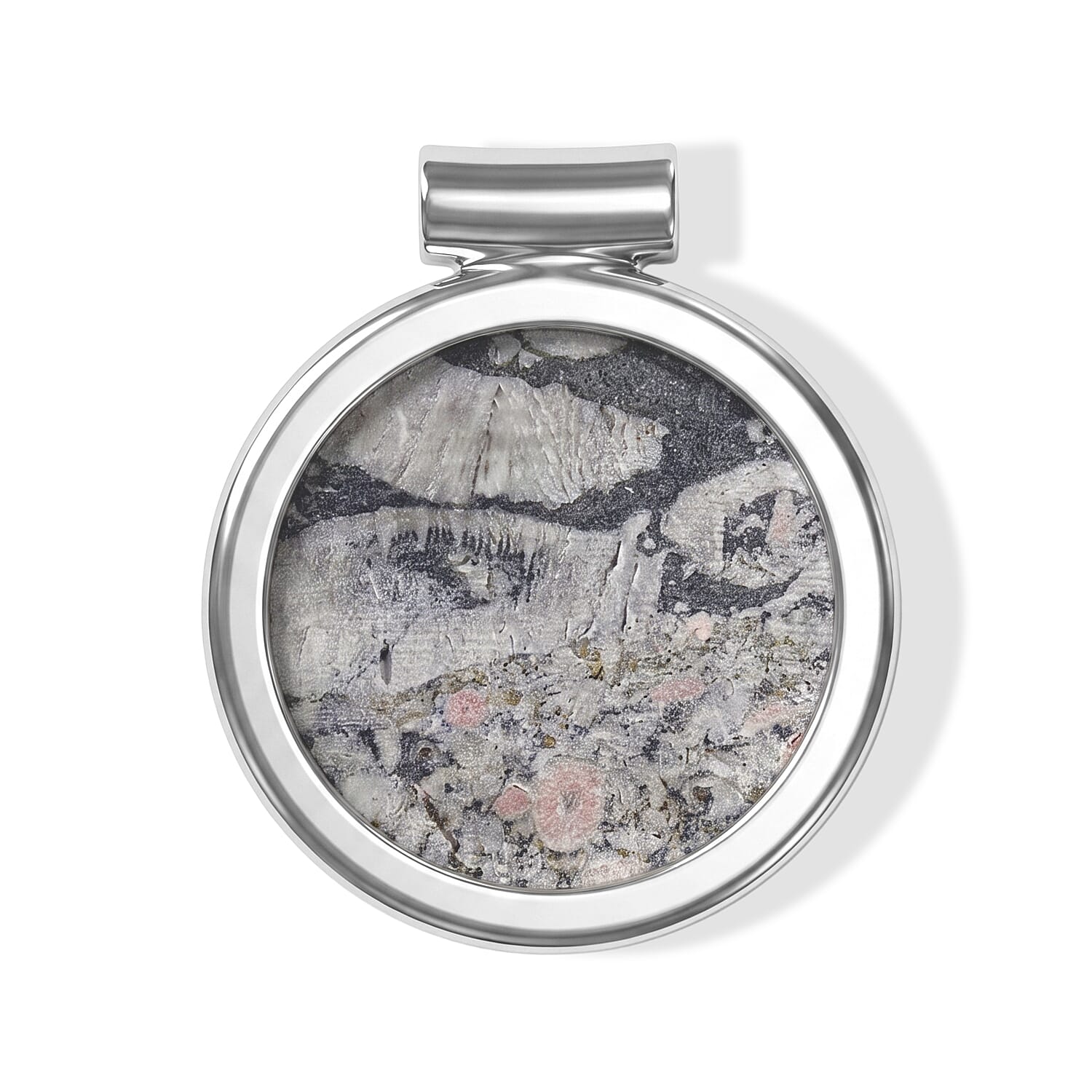Round Insect Fossil Jasper 48.00 ctw Tube Pendant without Chain in Silvertone
