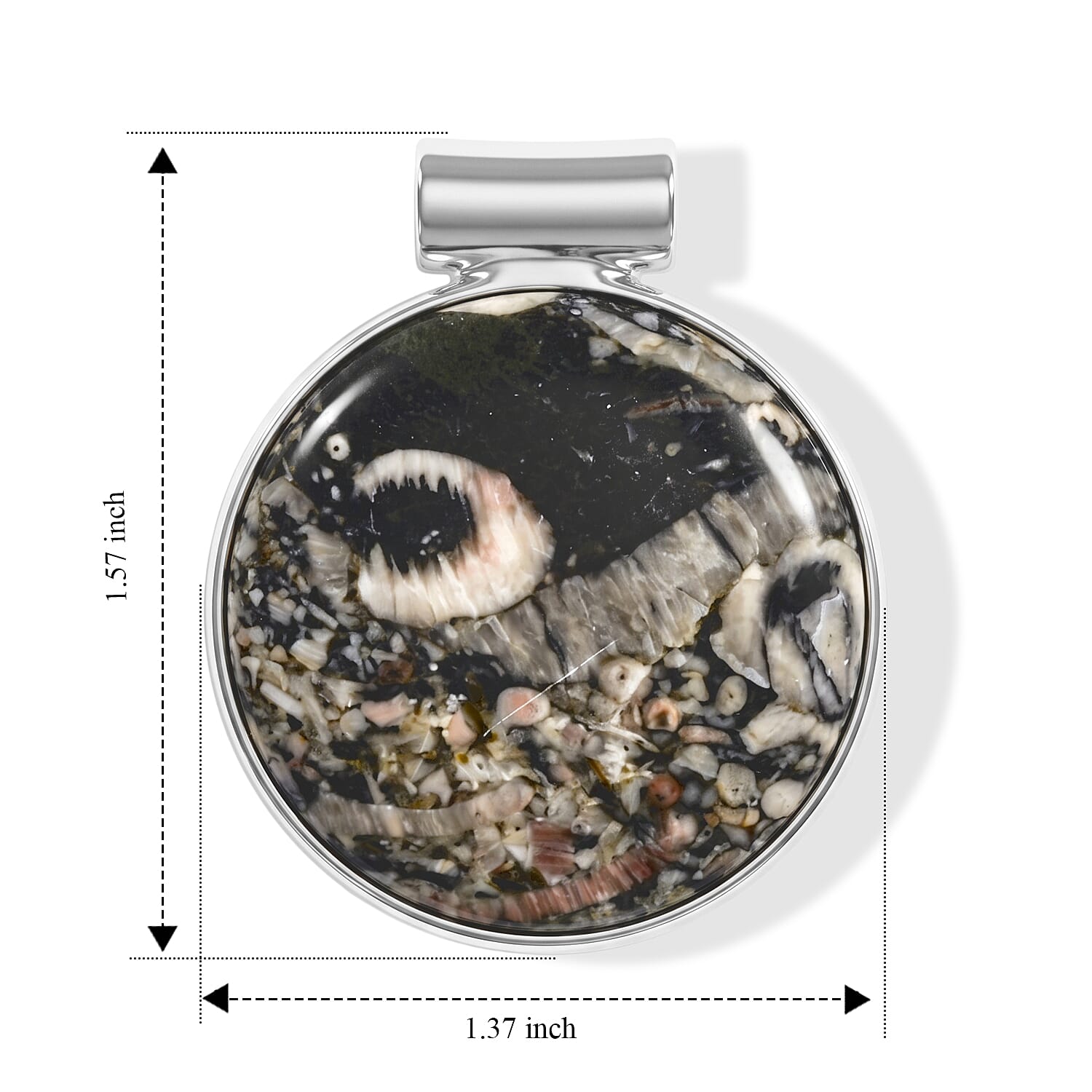Round Insect Fossil Jasper 48.00 ctw Tube Pendant without Chain in Silvertone