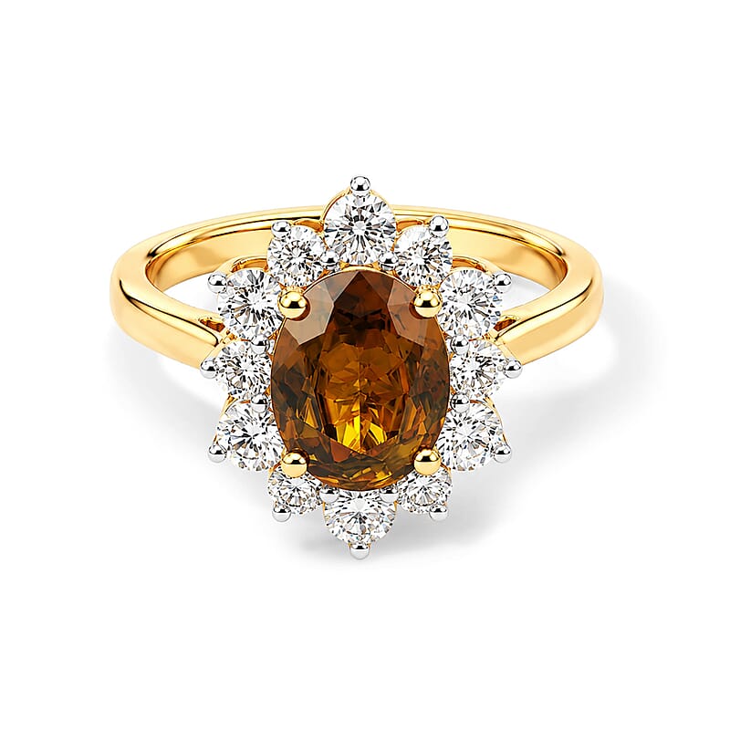 Certified & Appraised AAA Sava Sphene and Luxuriant Lab Grown Diamond G-H SI 2.96 ctw Ring in 10K Yellow Gold (Size 6.0)